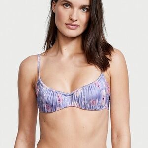 Victoria Secret Bikini Top 34DD Swim Floral Satin Purple Scrunch Swimsuit Bra HH